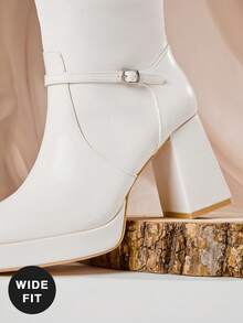 SHUZIA Giày bốt cao đến đầu gối đế vuông thời trang và thoải mái dành cho nữ có khóa kim loại trang trí - trắng - Xem 7