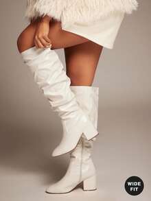 SHUZIA Botas altas de tacón ancho de imitación de cuero con efecto apurado para pantorrillas anchas - Blanco - Ver 4