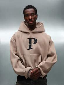 PLAYBOY X SUMWON Crop Fit Oversized Pullover Hoodie With Large Letter P Logo Centre Pocket Drawstring For Winter Casual Wear - Brown - View 2
