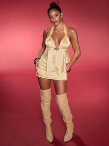Normani 2 pièces/set Débardeur à col ras-du-cou + Jupe-short à taille basse avec décoration métallique, style vacances et fête, printemps/été - Nude - Voir 5