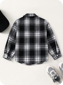 SHEIN 儿童/男孩休闲格子领贴袋前开宽松梭织衬衫，适合通勤、上学、日常休闲、旅行、运动、春夏/秋冬