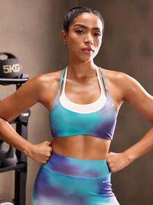 Powerista 女士渐变色印花简约日常运动文胸 - 藍色 - 查看 5