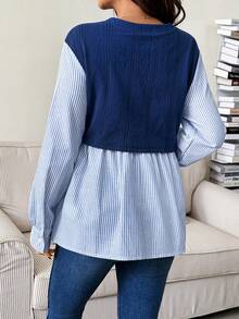 SHEIN Maternity Casual Striped Patchwork Nursing Top, Autumn