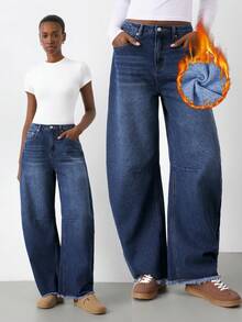 Maija Women's Fleece Jeans, Warm Banana Pants, Winter Casual Wear Old Money Style - Dark Wash - View 1