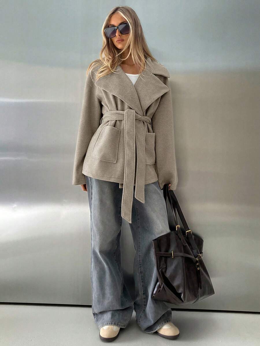 Aloruh Women's Thick Khaki Turndown Collar Pocket Loose Overcoat, Suitable For Autumn/Winter,Cozy Fall And Winter Clothes For Women - Light Grey - View 1