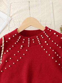SHEIN Tween Girl Loose Long Sleeve Turtleneck Sweater & Ruffle Hem A- Winter Skirt Set, Red And White, Autumn, Elegant, Party Knit Clothes Matching Outfits - Red - View 6