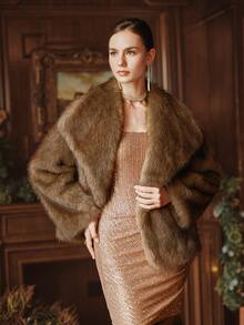 Anewsta 女士优雅别致仿毛领大衣，适合秋季、冬季、外出、圣诞节 - 棕色 - 查看 3