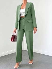 SHEIN Cottnline Women's Casual Commuting Solid Color Jacket And Pants Suit - Mint Green - View 3