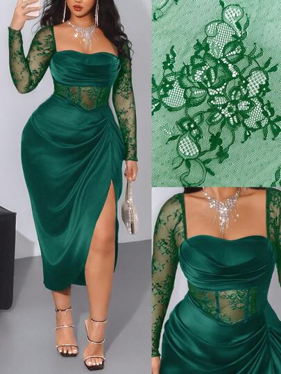 Viva Relle Plus Size Women's Plunging Neck Long Sleeve Satin Lace Patchwork Hollow Floral Midi Dress, Pleated, Black, Elegant Vintage Casual Party Dress