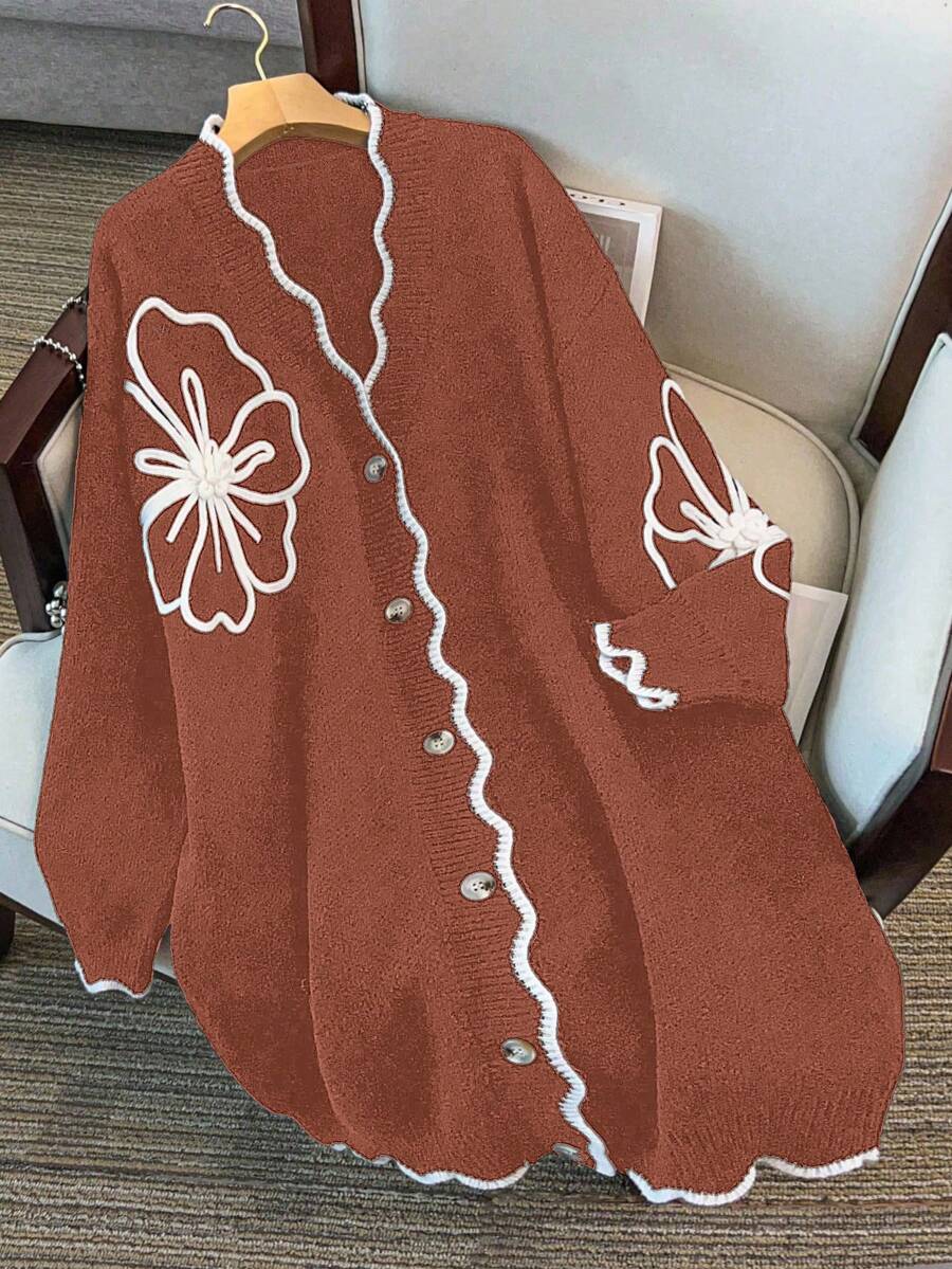 GlowEve CURVE 大码女款铁锈色花卉针织开衫,厚实,V领,色块,百搭,秋冬 - 紅木色 - 查看 1