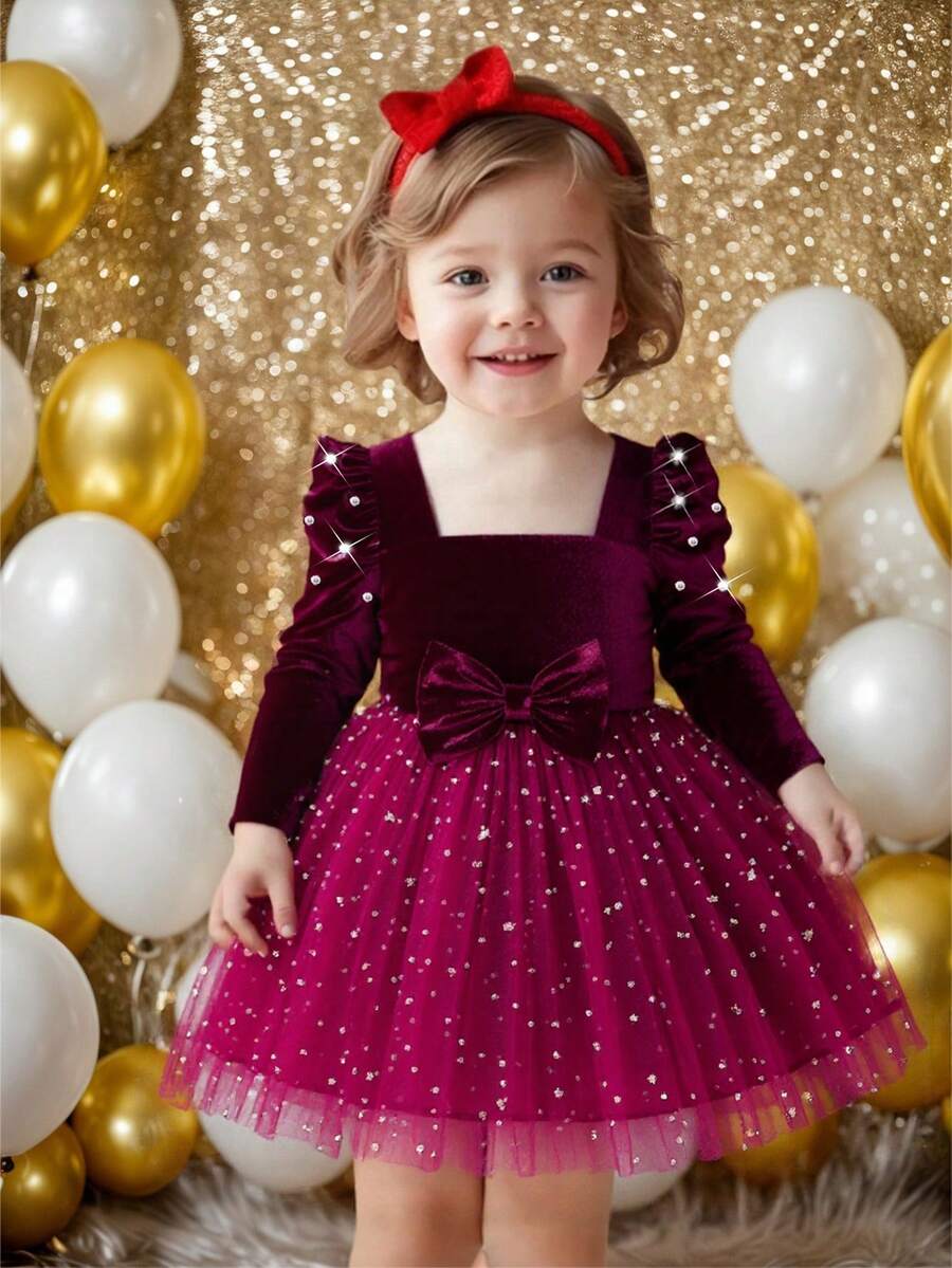 Elladie kids 女婴时尚天鹅绒方领星星亮片网眼芭蕾舞裙 A 字裙，带长袖蝴蝶结，公主派对礼服，适合春秋、冬季、新年、圣诞节 - 酒紅色 - 查看 1