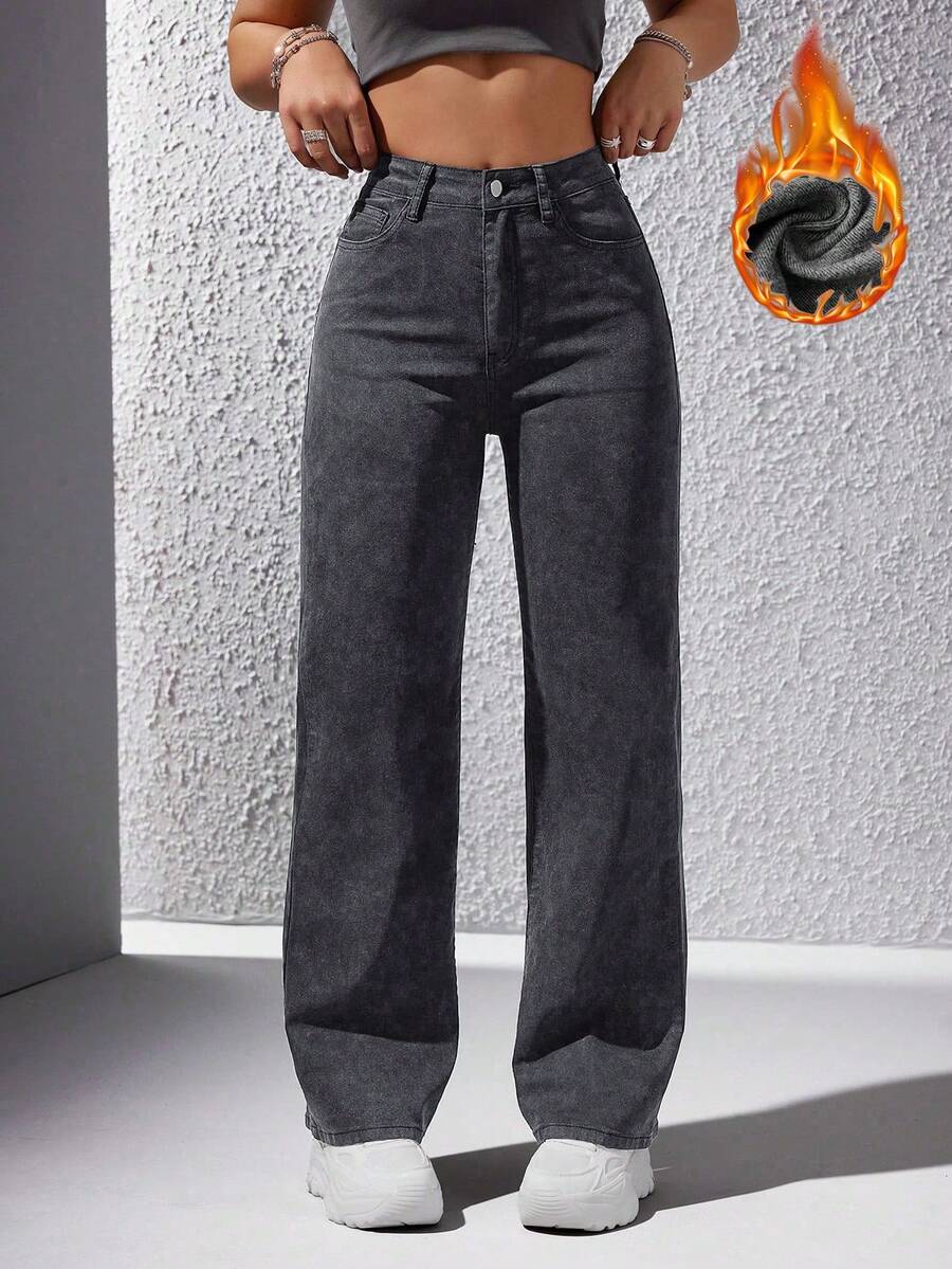 SHEIN ICON 女式休闲水洗直筒牛仔裤 - 深灰色 - 查看 1