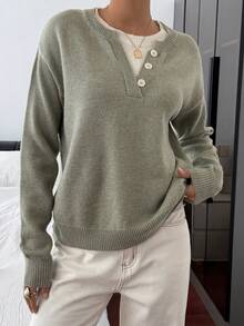 DAZY Casual Color Block Henley Neck Pullover, Soft Knit 2 In 1 Sweater For Women - Army Green - View 3