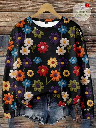 EMERY ROSE Casual Minimalist Faux Flower Print Pattern Loose Fit Crew Neck Long Sleeve Sweatshirt For Women, Suitable For Autumn/Winter Flower Tops For Women