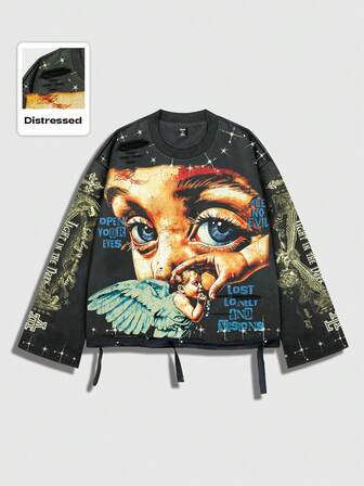 Street Life Vintage Streetstyle verwaschenes Saint Grafik Langarm Rundhals Herren T-Shirt