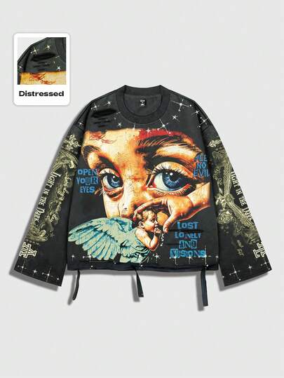 Street Life Vintage Streetstyle verwaschenes Saint Grafik Langarm Rundhals Herren T-Shirt