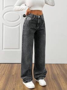 HIGH WAIST CASUAL STYLE DENIM STRAIGHT - Dark Grey - View 4