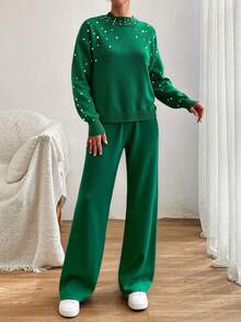 EURMUSE Turtleneck Long Sleeve Sweater With Pearl & Sweater Pants Co-Ords - Dark Green - View 3