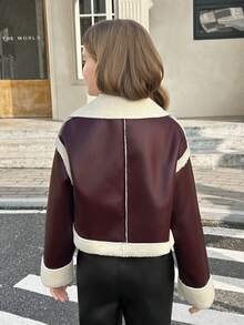 SHEIN 青少年女孩纯色翻领短款保暖长袖夹克 - 酒紅色 - 查看 2