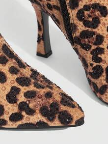 CUCCOO SZL Botas altas con puntera puntiaguda, tacón de aguja, estampado de leopardo marrón, con cristales de rinoceronte, glamorosas y sexys para actuaciones, fiestas, discotecas, mujeres con súper tacón alto - Multicolor - Ver 4