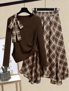 Franclia Plus Size Women Long Sleeve Knit Top And Plaid Skirt Set, Collegiate Style Outfit For Young Ladies, Commute Or Date, Slimming 2 Pieces Set Brown Clothes Brown Skirts Brown Two Piece Set Women Plaid Two Piece Set Two Piece Women Sets Skirt - Coffee Brown - View 1