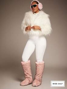 SHUZIA 女式宽筒人造毛皮毛茸茸蓬松圆头冬季舒适及膝靴 - 珊瑚粉 - 查看 3