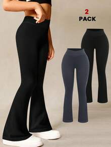 SHEIN 2pcs Set + Regular Flare Pants + Ribbed Texture + Black + Dark Grey + Sports Flare Pants + Activewear - Multicolor - View 8