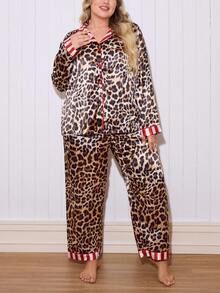 Chillnights Set Piyama Satin Ukuran Besar Motif Leopard dengan Atasan dan Celana Bergaris Kontras, Pakaian Musim Dingin - MultiWarna - View 3
