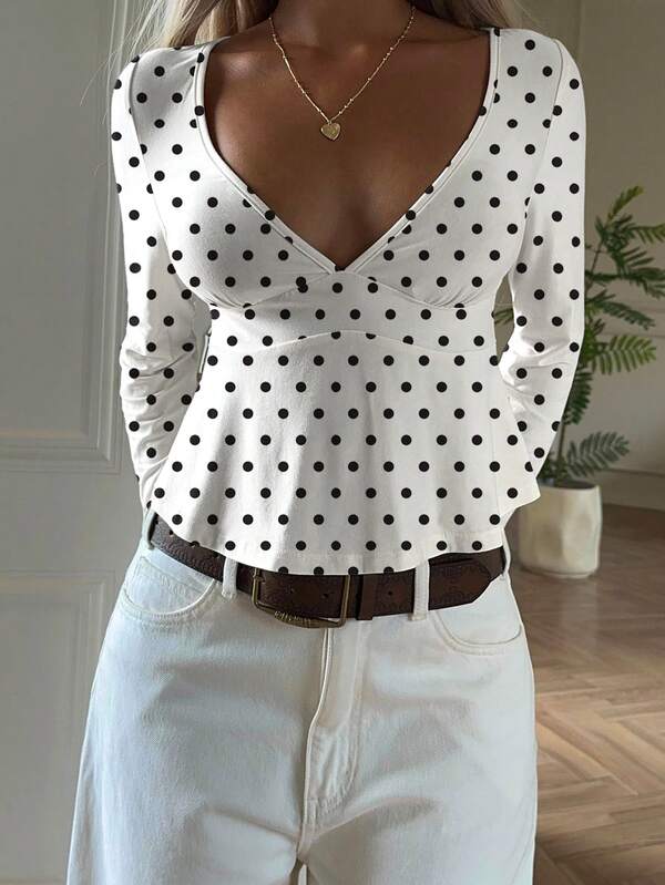 CovetEZ Blusa curta peplum feminina elegante com estampa de bolinhas, decote em V profundo e manga comprida, primavera/outono