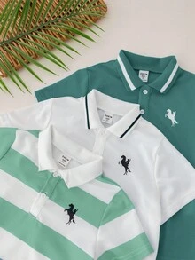 SHEIN 3 件套年轻男孩休闲运动学院风图案圆领短袖 Polo 衫套装，适合日常穿着、上学、户外活动、春夏季节 - 薄荷綠 - 查看 4