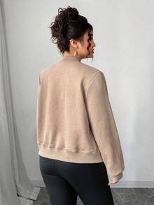 SHEIN Tall CURVE Plus Size Women Casual Stand Collar Zip-Up Jacket - Khaki - View 2