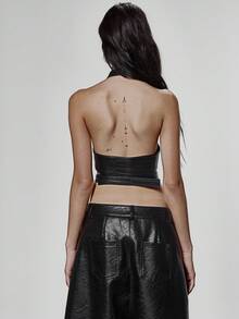 MUSERA Faux Leather High Neck Zip Through Open Back Racer Style Top Fall Autumn Winter Streetwear Cool Night Out Everyday Sexy Elegant Holidays Party Summer Spring - Black - View 4