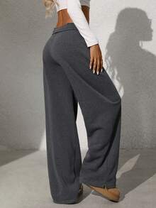 Flirla Tall 深灰色低腰折叠抽绳腰部斜口袋直腿阔腿下摆开衩宽松运动裤适合高个子女性，秋冬，极简主义，百搭，运动休闲，学术，通勤，家居，舒适，日常穿着 - 深灰色 - 查看 2