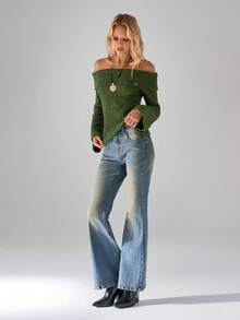 SHEIN TRNDY 1pc Women's Green Sweater, Vintage Button Design Off Shoulder, Contrast Color Flare Sleeve, Textured Elastic Long Sleeve Casual Pullover For Autumn/Winter - Green - View 3