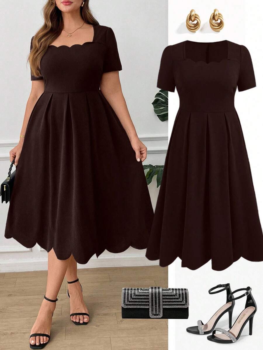 Ellevyn Vestido elegante de talla grande para mujer con escote cuadrado y ribete de concha, unicolor - Café integral - Ver 1