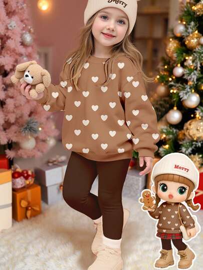 SHEIN Conjunto de sudadera de cuello redondo de manga larga y leggings con estampado de corazones suave y grueso, estilo casual y lindo para niña, adecuado para otoño/invierno, uso diario, hogar y vacaciones