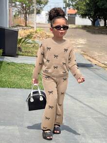 2件套少女心形图案宽松休闲运动衫和喇叭裤针织套装 - 彩色 - 查看 6