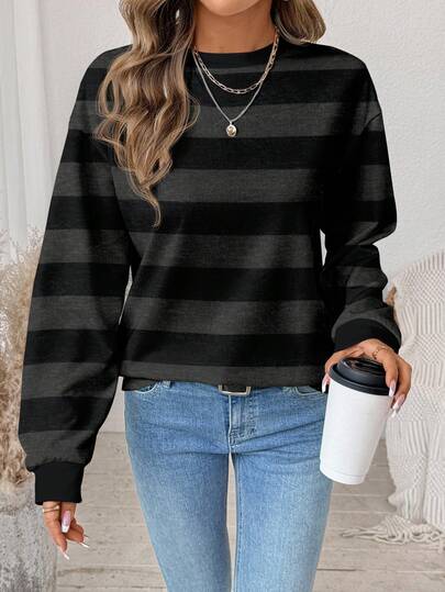 SHEIN LUNE Casual Retro Striped Cozy Print Pattern Loose Fit Crew Neck Long Sleeve Sweatshirt For Women, Comfortable For Autumn/Winter