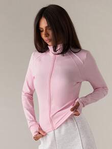 SHEIN BAE Sporty Chic Contrast Color Zip Up Fitted Yoga Jacket, Elegant Design For Workout, Daily Life & Casual Wear - Baby Pink - View 1