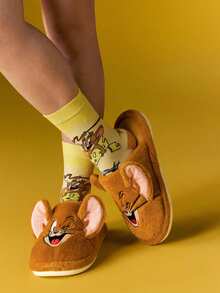 TOM & JERRY X SHEIN Dép đi trong nhà chống trượt họa tiết hoạt hình thêu 3D thời trang cho bé gái, chất liệu vải nhung mềm mại, ấm áp, đế bền, phòng ngủ, phòng máy lạnh, mùa xuân thu, phù hợp cho cả nam và nữ, màu nâu nhạt - màu nâu - Xem 8