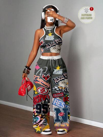 Slaydiva 2 件套大码女式休闲街头风格涂鸦字母和十字印花短款上衣和宽松裤子套装，适合街头穿着