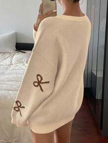 DAZY 女式宽松圆领蝴蝶结装饰休闲套头毛衣 - 米色 - 查看 4