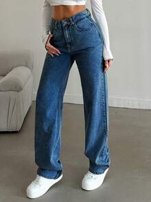 EURMUSE Quần Jeans Ống Đứng 100% Cotton Giặt Tuyết - Màu xanh lam - Xem 6