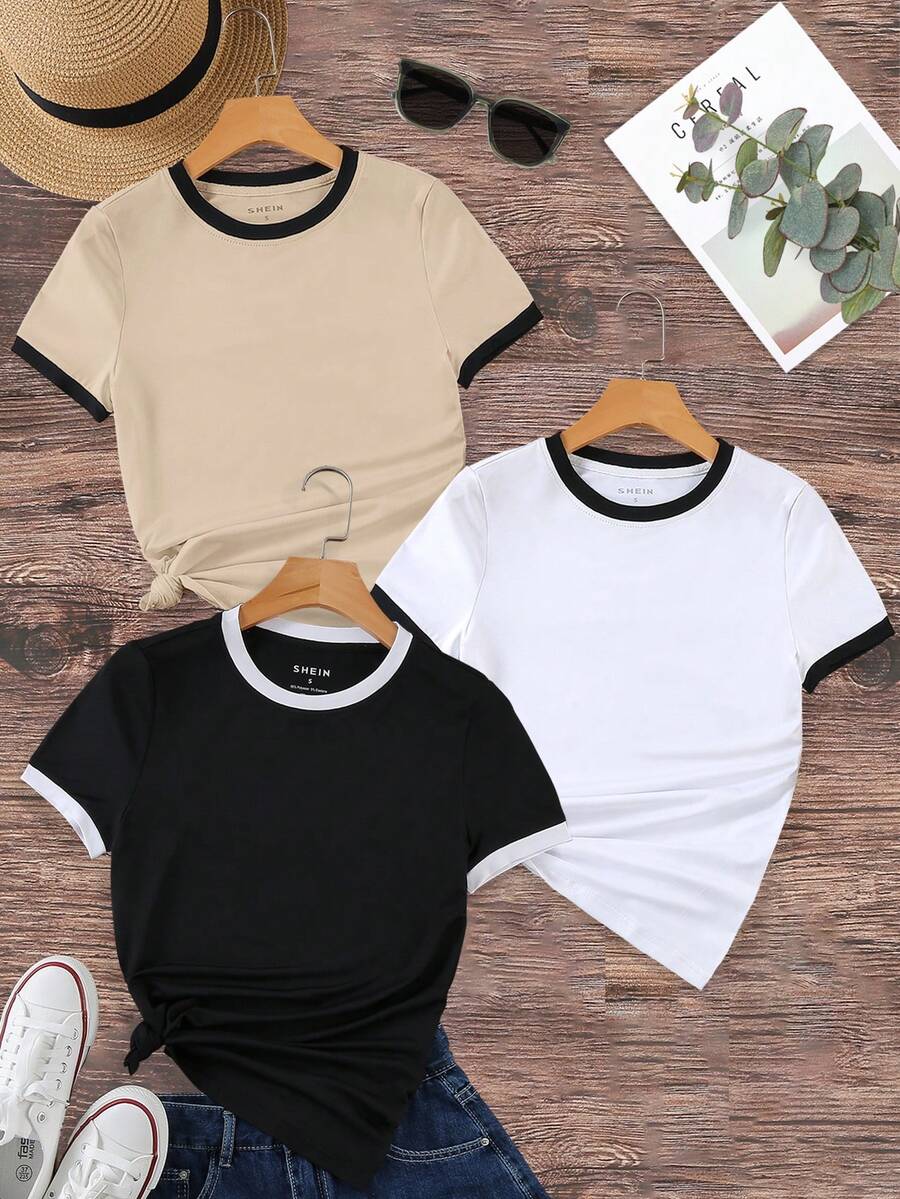 EMERY ROSE Camiseta de mujer de manga corta, cuello redondo y bloque de color, casual de verano - Multicolor - Ver 1