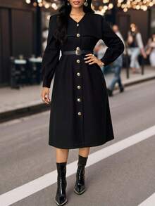 SHEIN Lady Women's Black Solid Color Overcoat,Elegant Autumn Winter,Formal Office Evening Style,Fashionable For Commuting,Cozy Fall - Black - View 4
