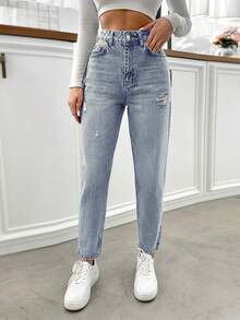 EURMUSE Jeans déchirés 100% coton décontractés et à la mode pour femmes - Jean clair - Voir 4