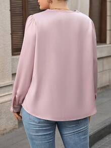 EMERY ROSE Áo sơ mi dài tay bằng vải satin viền ren màu hồng tươi mát cỡ lớn dành cho nữ, mùa thu - Hồng - Xem 2