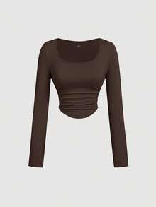 SHEIN MOD 4-częściowy zestaw damskich koszulek z marszczeniami i kwadratowym dekoltem, z długim rękawem, ciepłe ubrania, bluzki wyjściowe, ubrania na święta, Boże Narodzenie, Nowy Rok, bluzka imprezowa, Święto Dziękczynienia, brązowy top, Święto Dziękczynienia, Nowy Rok, impreza, swobodny, elegancki, 4 sztuki - Wielokolorowe - Zobacz 9