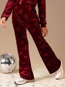 SUMWON Tween Girls Burgundy Velvet Butterfly Print Hoodie Sweatshirt Co-Ord Set Long Sleeve Zip Up Tracksuit Winter Fall