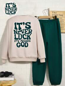 SHEIN 青少年男孩撞色卡通字母印花短袖和裤子套装，休闲，校园，舒适，时尚，百搭，面料柔软，适合日常穿着，上学，郊游，户外运动 - 彩色 - 查看 2